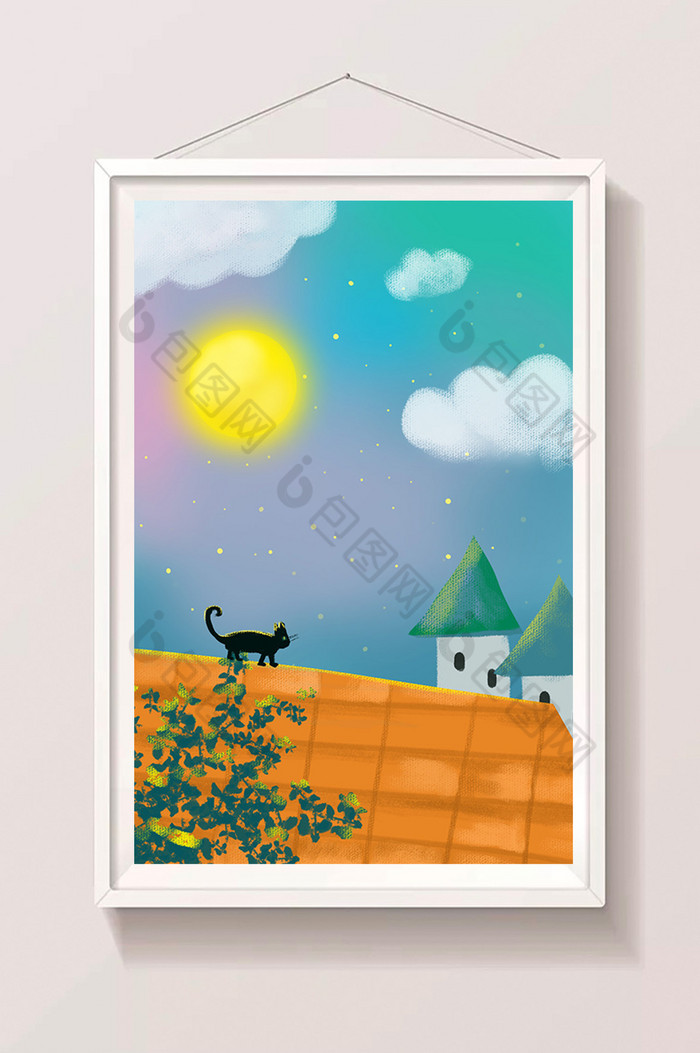 梦幻月光下屋顶上的猫咪插画图片图片