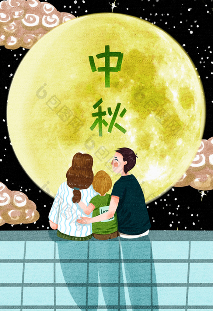 清新夜晚中秋节一家人赏月团圆插画
