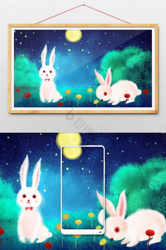 夜晚中秋月亮兔子线圈画图片