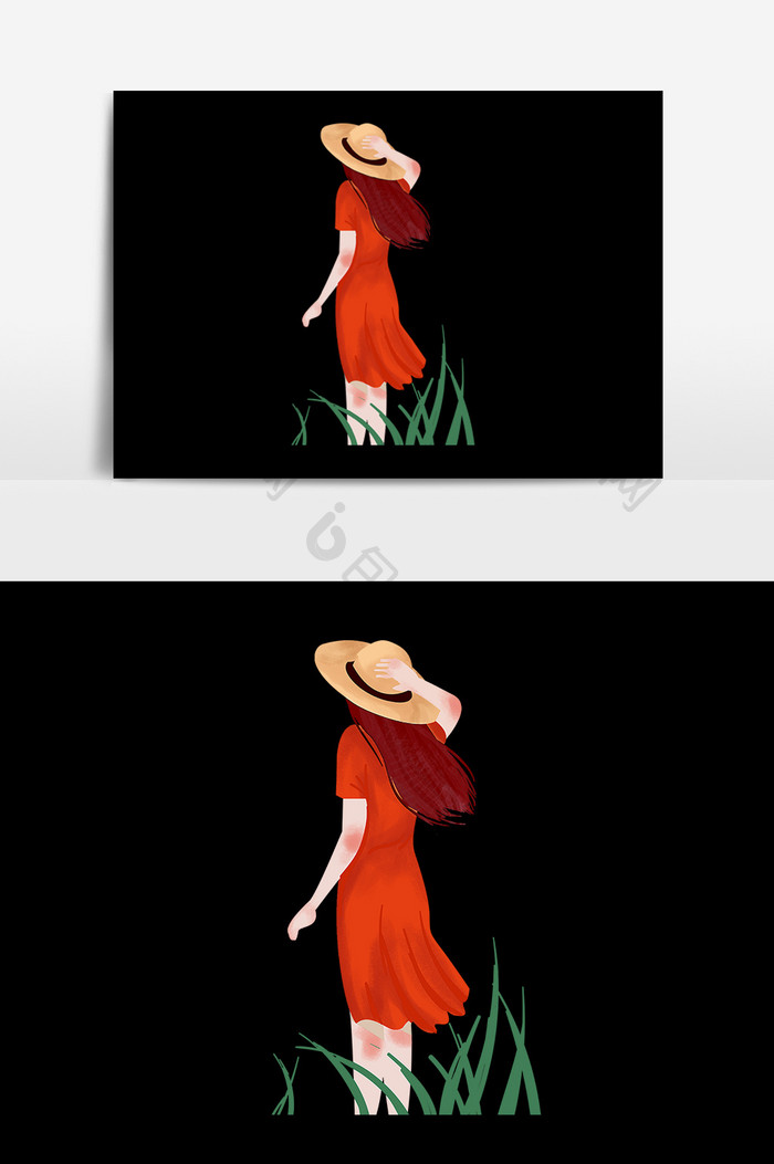 卡通手绘戴帽子红色裙子少女