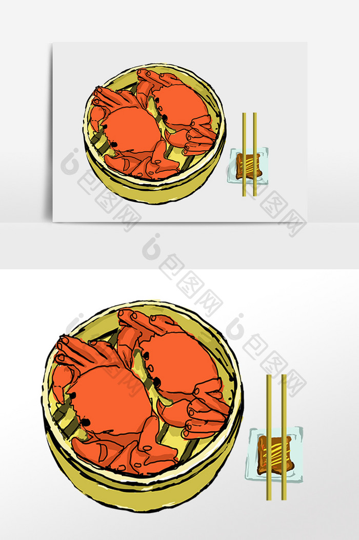 手绘新鲜美食蒸螃蟹插画元素