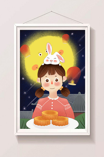黄色可爱温馨中秋节吃月饼的小女孩插画图片
