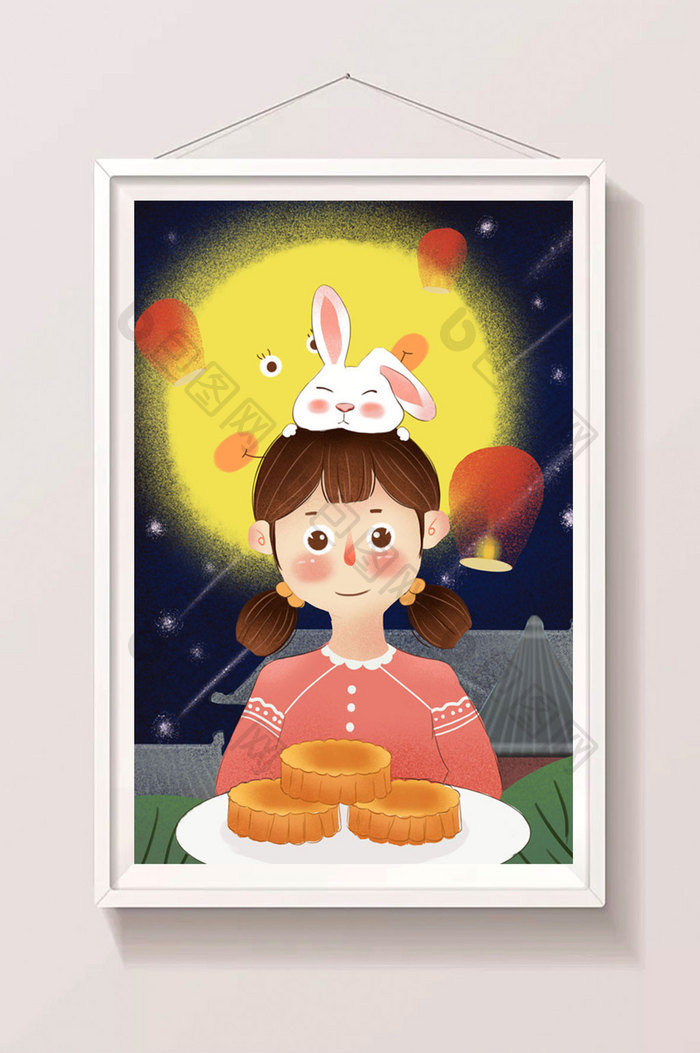 黄色可爱温馨中秋节吃月饼的小女孩插画