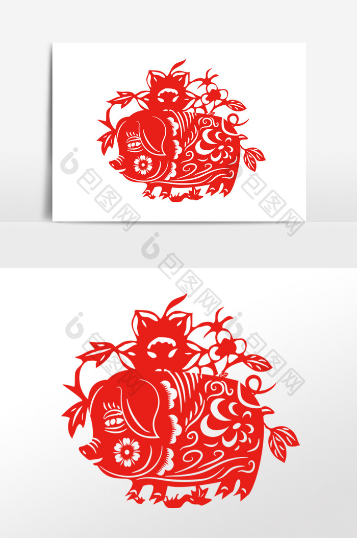 红色剪纸十二生肖猪插画元素