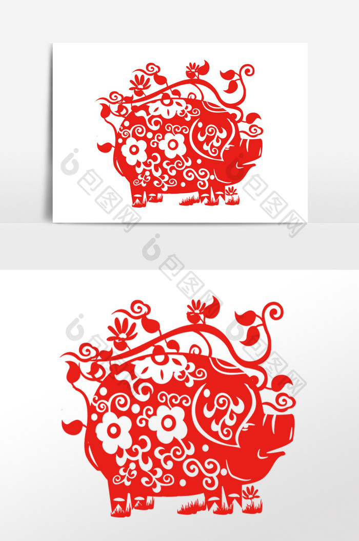 中国风红色生肖猪剪纸插画元素