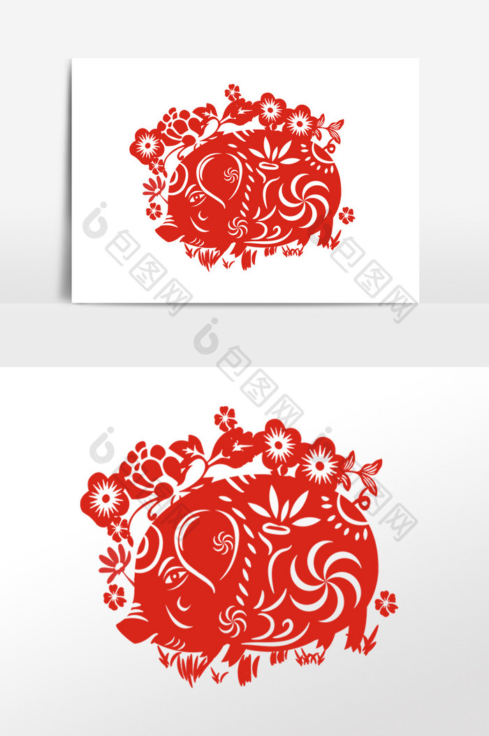 手绘中国风红色猪剪纸插画