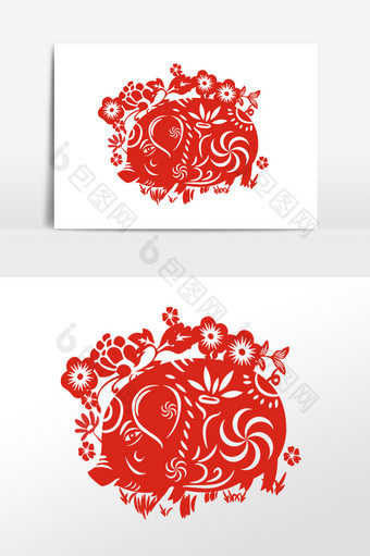 手绘中国风红色猪剪纸插画图片