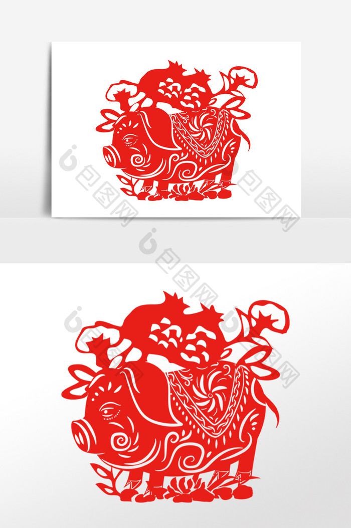 中国风红色猪剪纸插画元素
