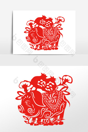 中国风红色猪剪纸插画元素图片