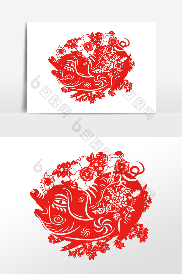 红色十二生肖猪剪纸插画元素