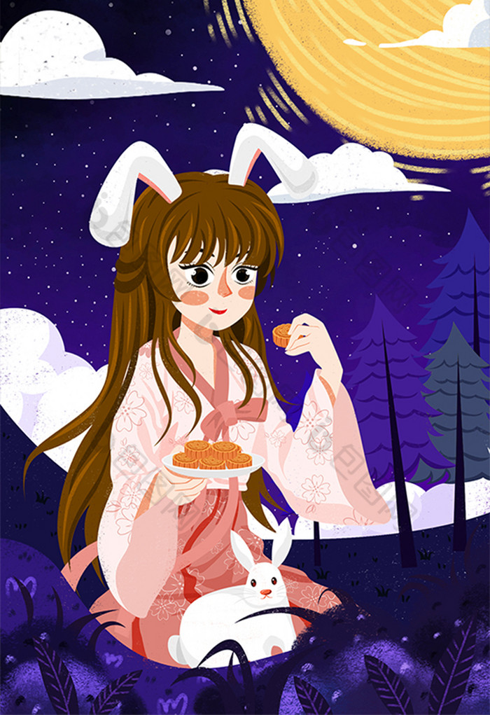 中秋插画月空下吃月饼女孩插画图片