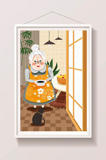 温馨老人生活插画老奶奶拿猫食喂猫插画图片