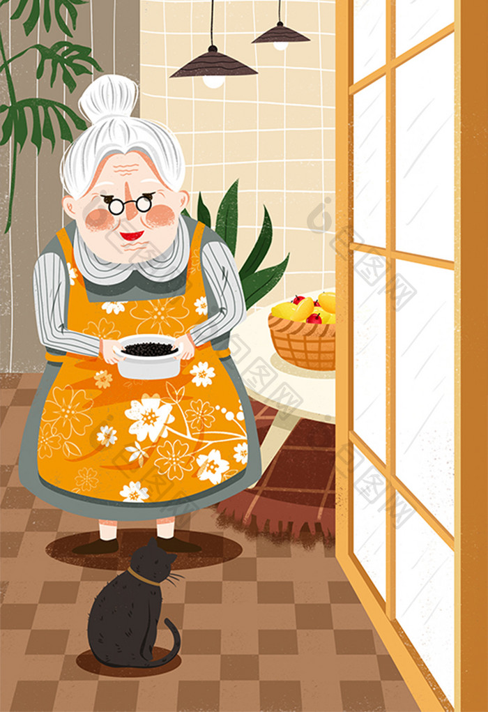 温馨老人生活插画老奶奶拿猫食喂猫插画