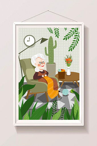 温馨老人生活插画老奶奶悠闲织毛衣插画图片