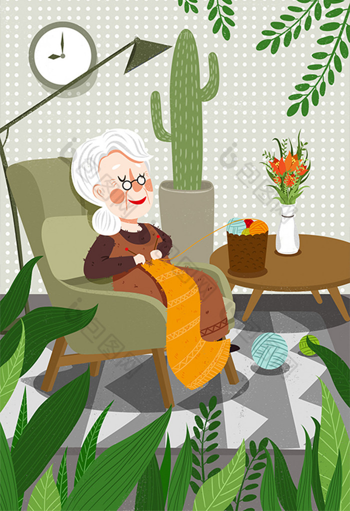 温馨老人生活插画老奶奶悠闲织毛衣插画