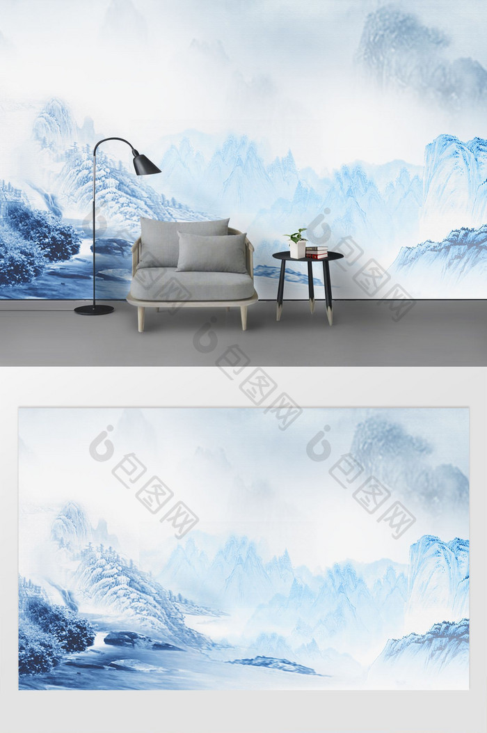 新中式蓝色水墨山水客厅电视背景墙