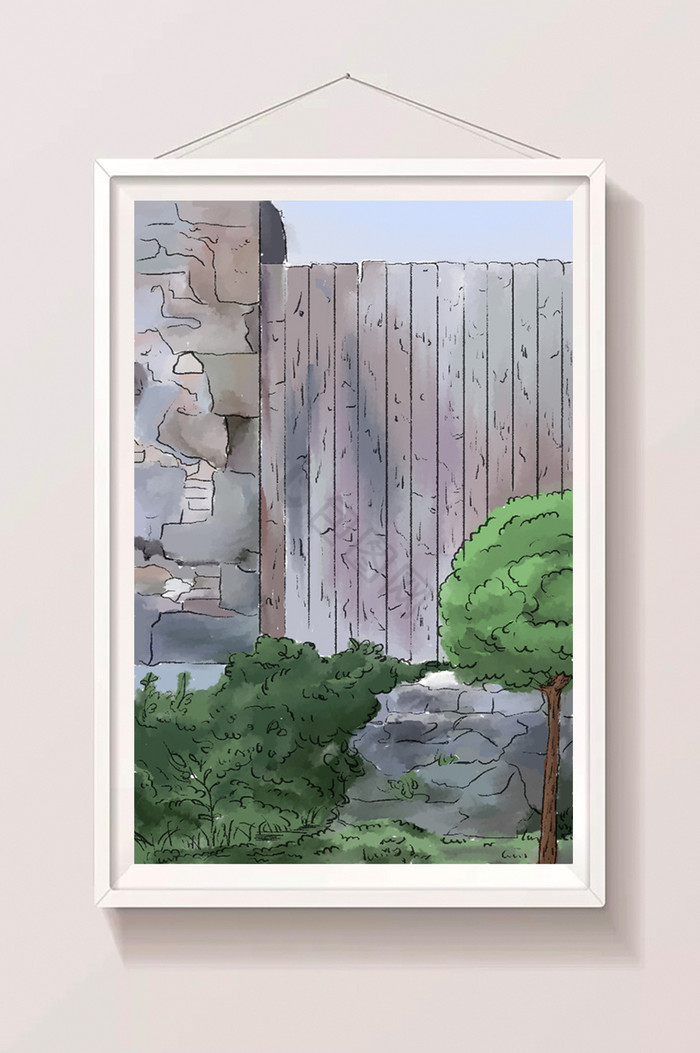 中式木门围墙插画图片