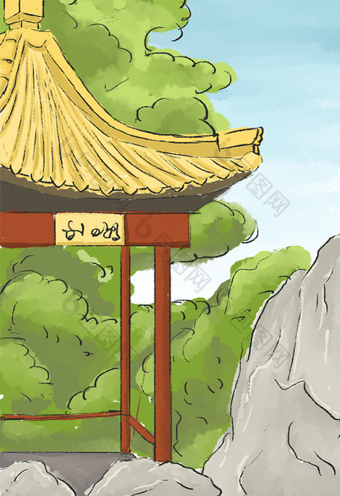 中式园林亭子插画背景