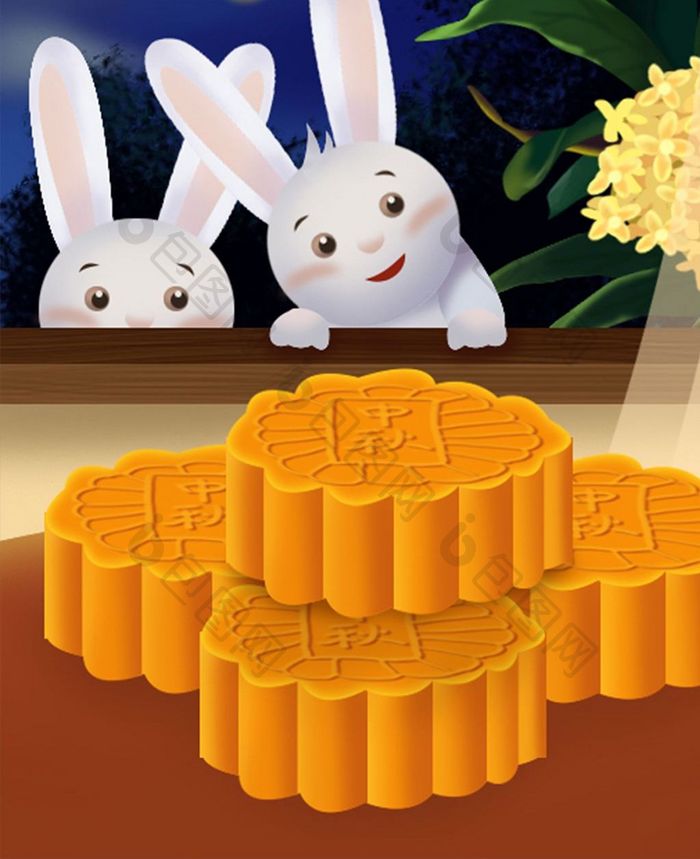 可爱唯美玉兔偷月饼中秋插画手机配图