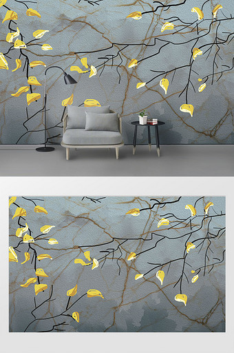 现代北欧清新简约唯美树木落叶油画背景墙图片