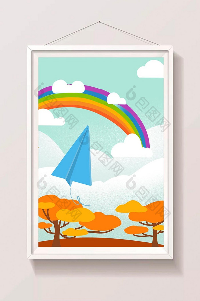 暖色秋日彩虹飞机插画扁平手绘背景素材