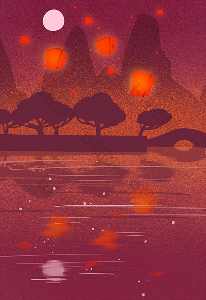 红色中秋灯笼扁平山水插画背景手绘素材