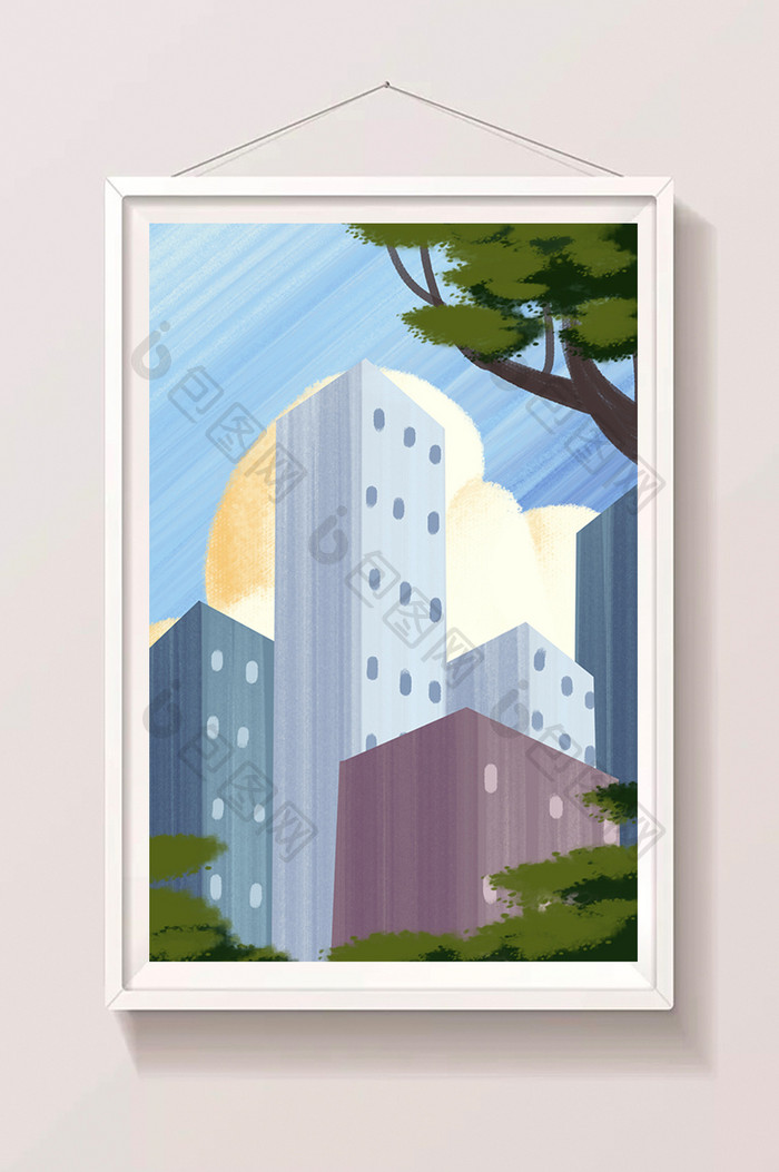 蓝色扁平风格城市建筑背景插画