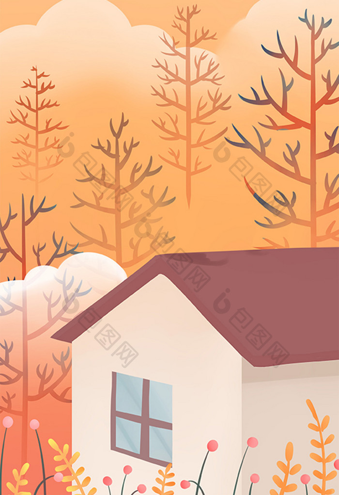 秋季房子插画元素设计