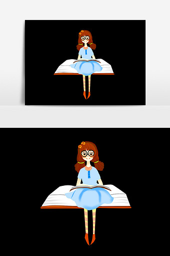 卡通手绘蓝色衣服女孩看书学习图片