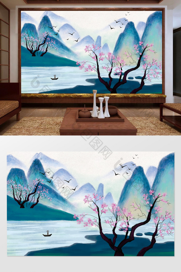 中国画水墨山水风景背景墙