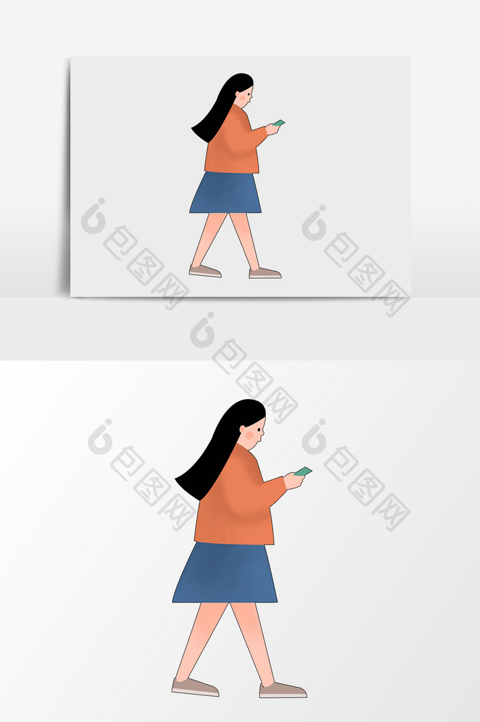卡通手绘走路玩手机女人