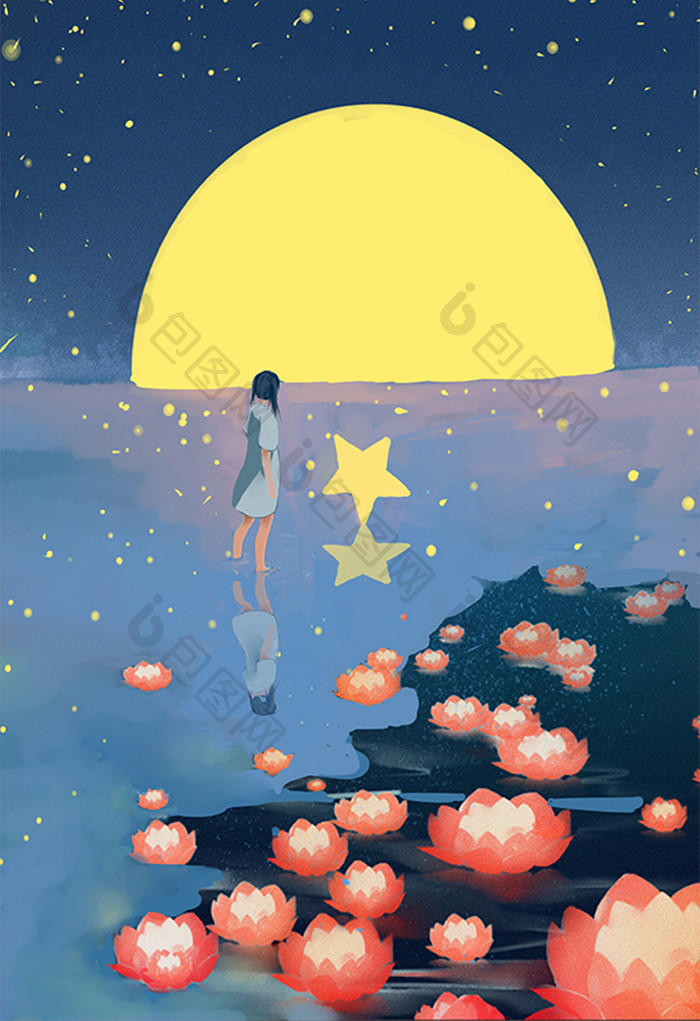 清新夏日夜晚海边浪漫少女月亮大海插画