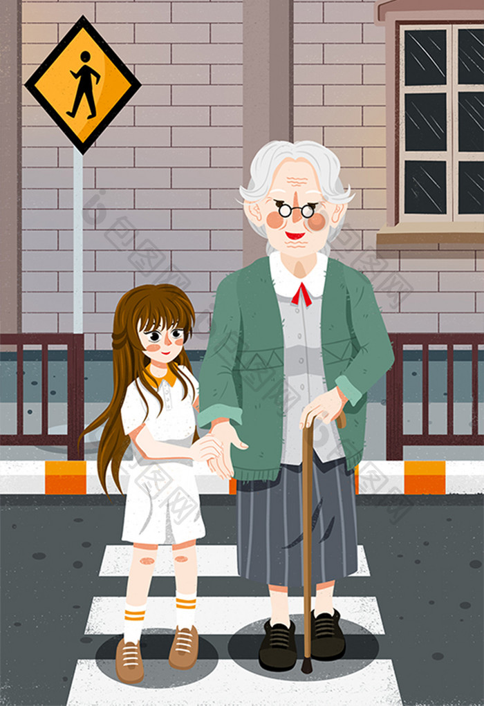 关爱老人公益插画女孩扶老奶奶过马路插画