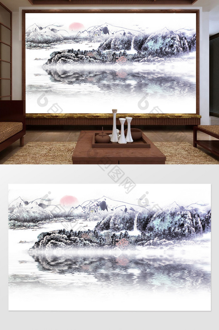 中式现代水墨山水意境电视背景墙