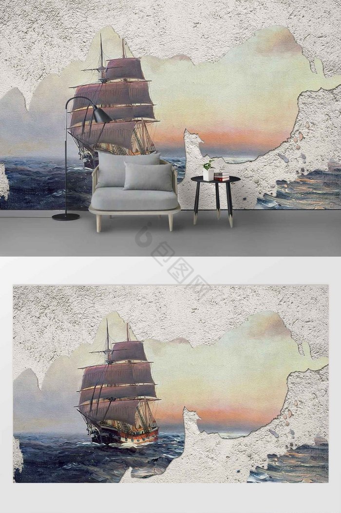 现代简约海上游船唯美油画烂墙背景墙图片