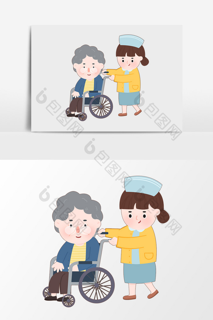卡通手绘老人护士轮椅