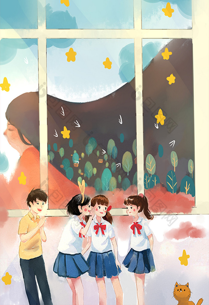 开学季少女伙伴闺蜜悄悄话嬉戏插画