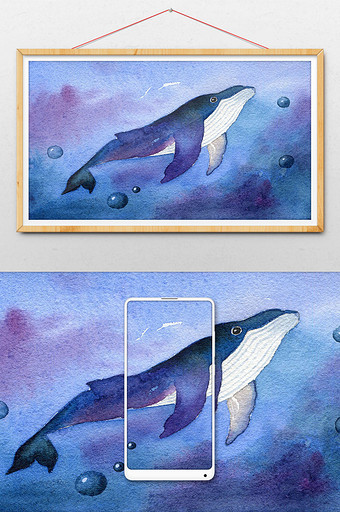 鲸鱼蓝色手绘背景夏日清新风景水彩图片