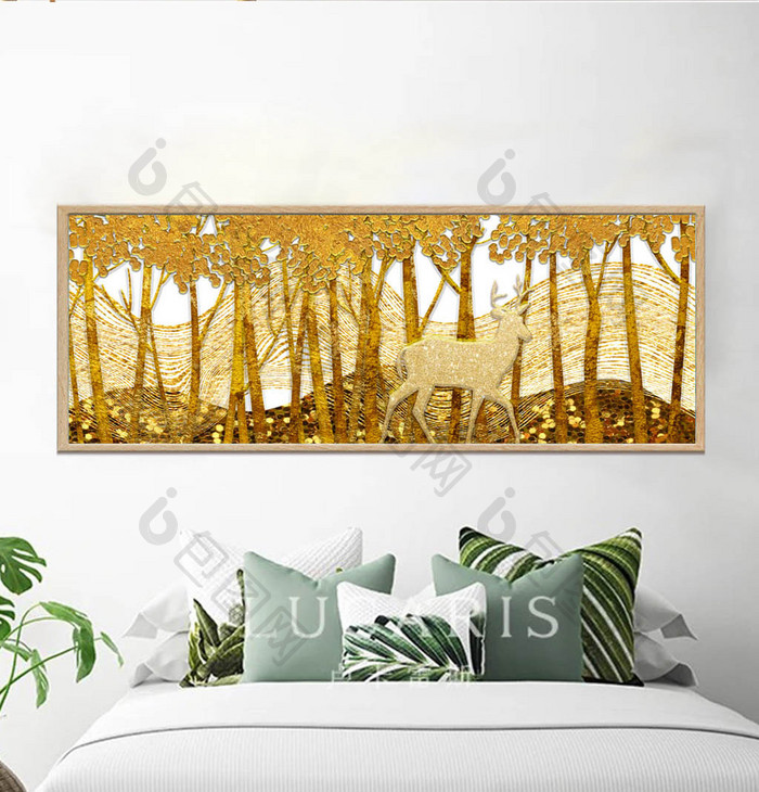 北欧金色抽象麋鹿客厅装饰画床头画