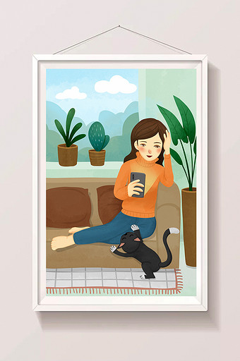 唯美清新美女在家沙发看手机低头族猫咪插画图片
