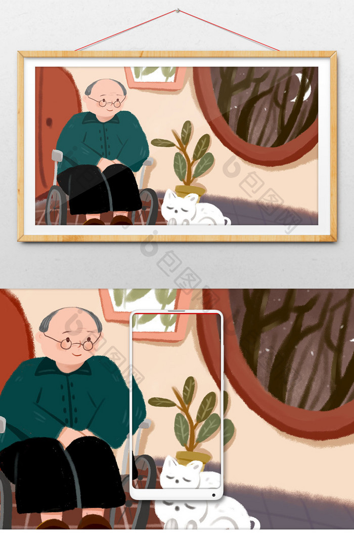 老人坐在轮椅上看猫插画