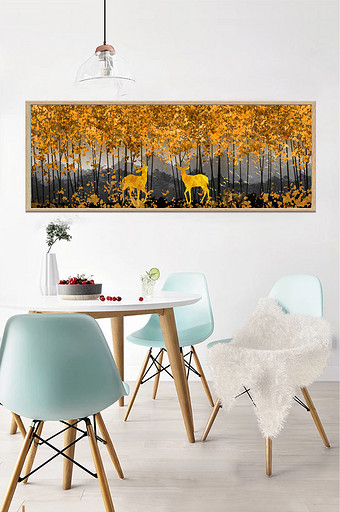 北欧金色麋鹿风景客厅装饰画床头画图片
