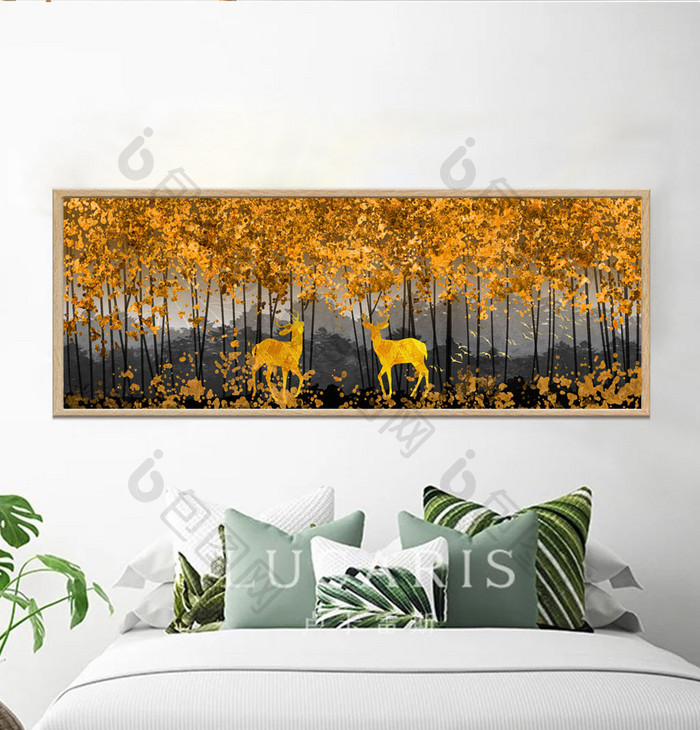 北欧金色麋鹿风景客厅装饰画床头画