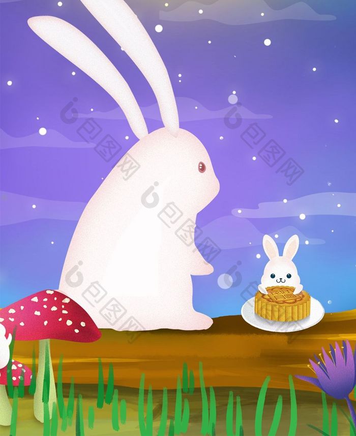 简约创意明月玉兔中秋节月饼节插画手机配图