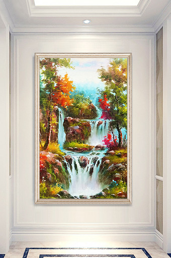 现代山水瀑布风景油画玄关装饰画图片