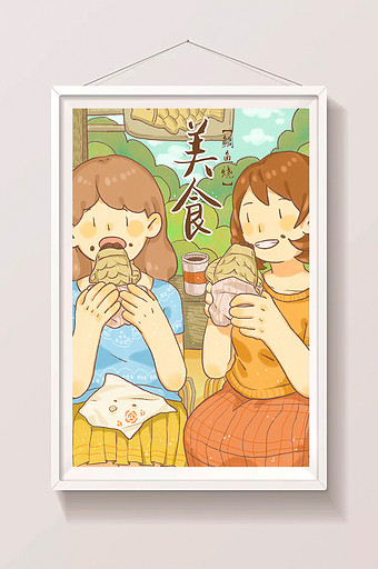 日料日式美食鱿鱼烧女孩吃零食插画图片