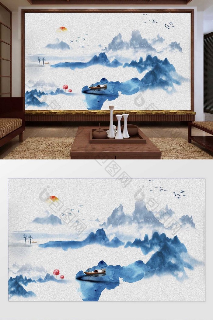 中式蓝色水墨山水小船飞鸟背景墙装饰