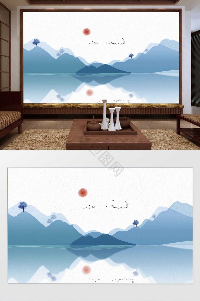 中式蓝色山水飞鸟倒影背景墙装饰定制图片