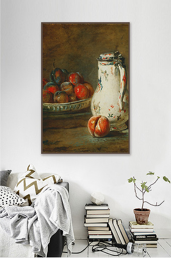 北欧静景油画抽象水壶水果装饰画背景图片