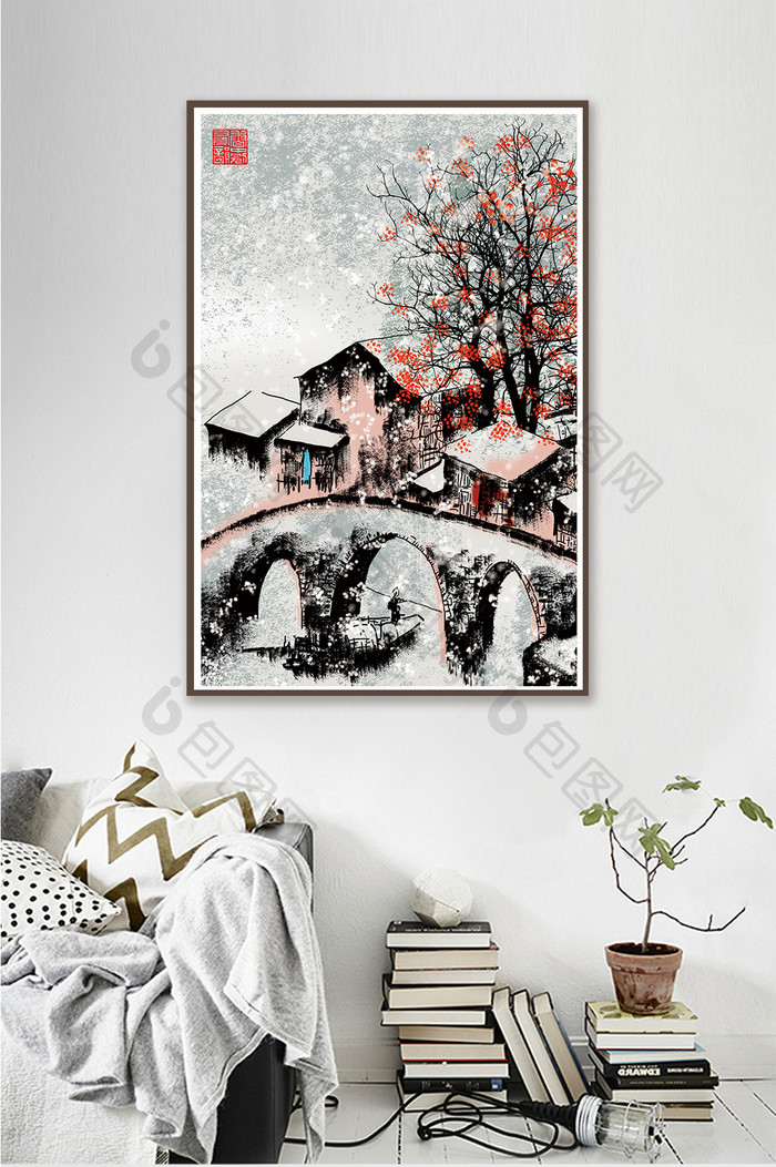 中国风水墨淡彩冬季风景书房酒店装饰画
